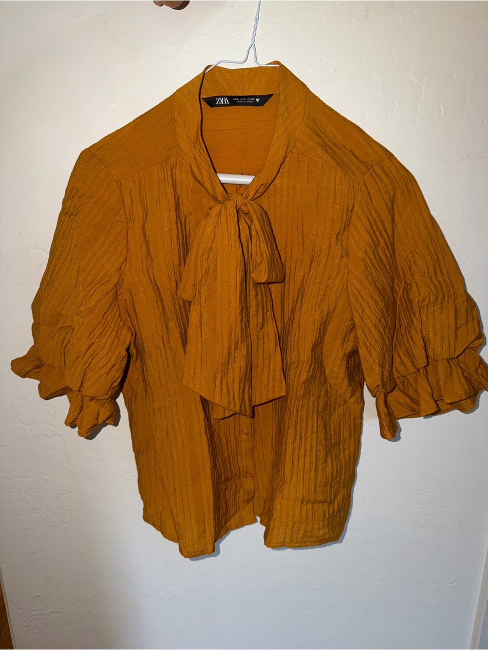 Zara Mustard Tie-Neck Ruffle Sleeve Blouse